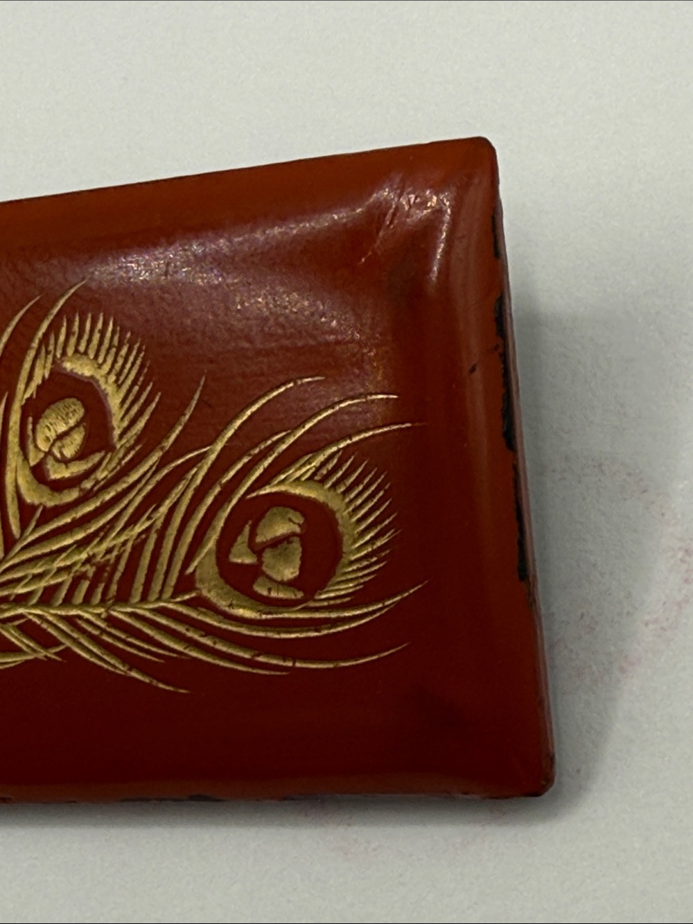 Antique lacquer Estate etched Peacock Feather Red Rectangular pin brooch deco - Picture 6 of 16
